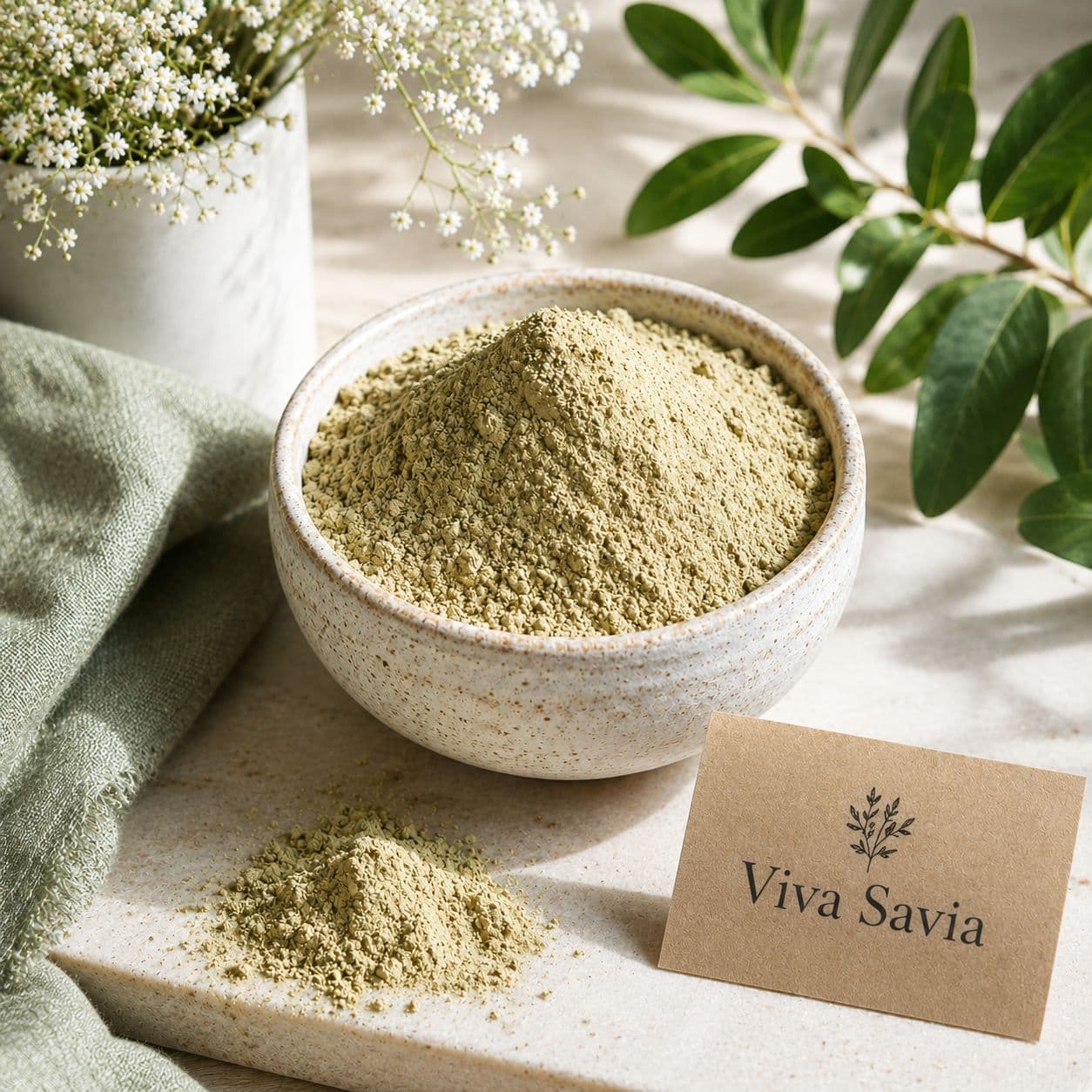 Polvo vegetal de henna neutra o cassia en cuenco con tarjeta Viva Savia