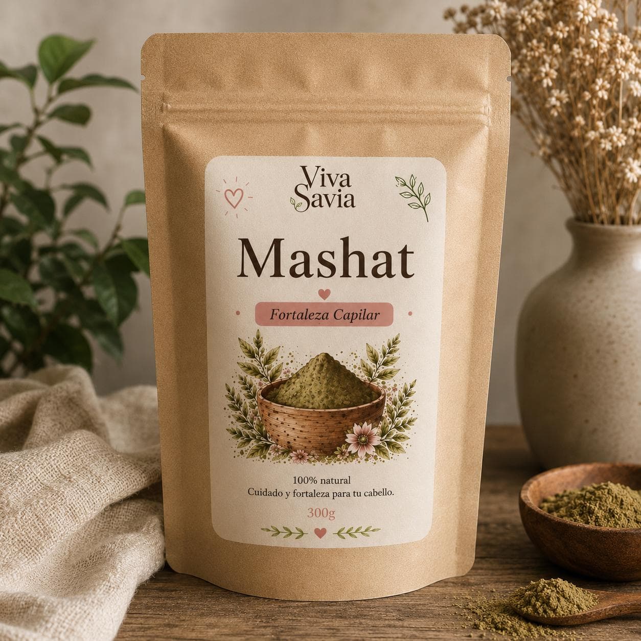 Bolsa de Mashat Viva Savia Fortaleza Capilar sobre mesa con plantas y polvo herbal