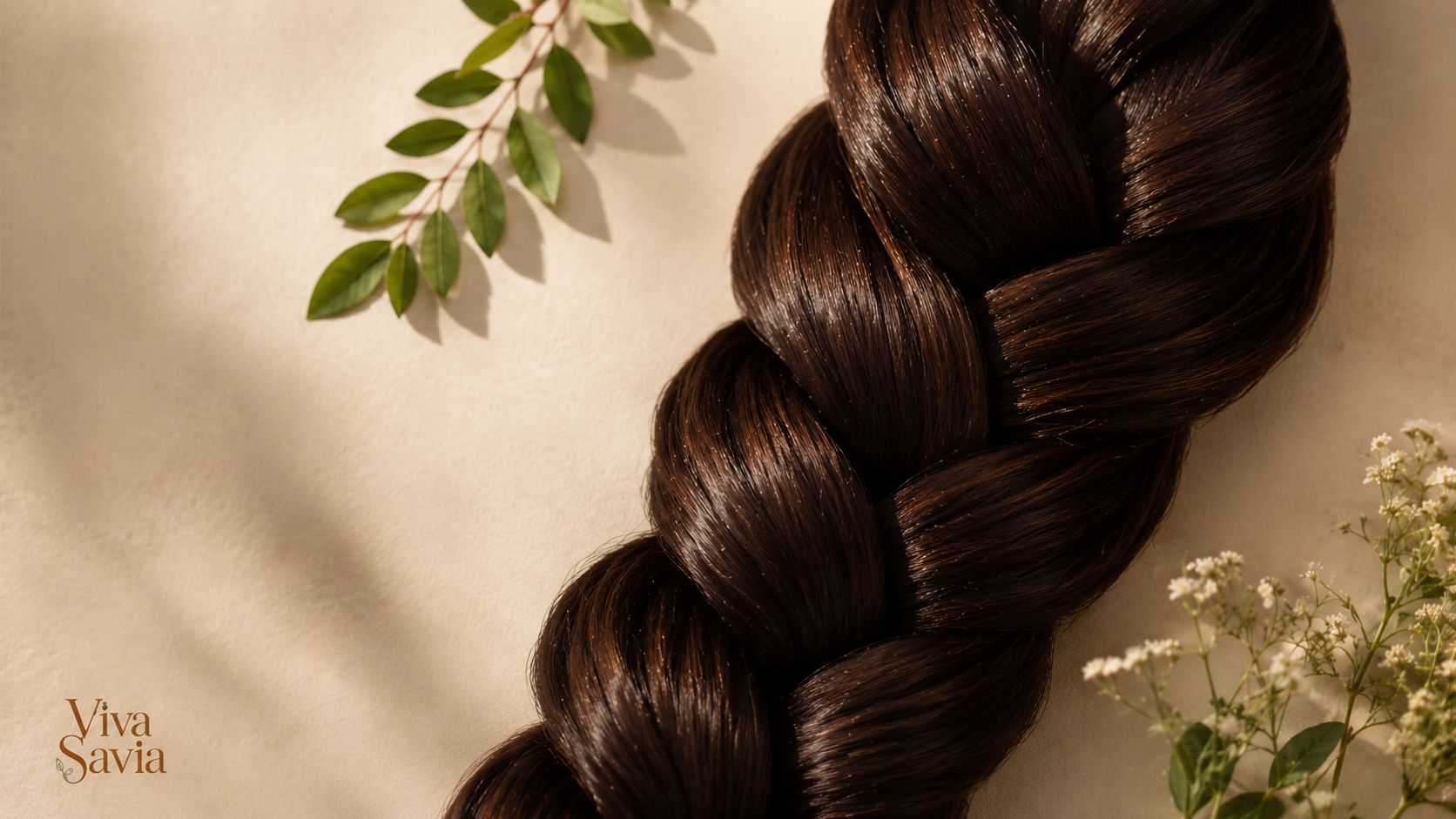Cabello castaño brillante con reflejos vegetales, hojas y flores sobre fondo cálido de Viva Savia